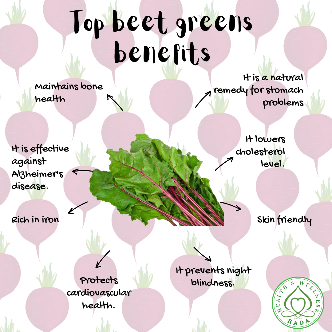 Health benefits of Beet greens

Beet tops are one of very versatile, nutritious green leafy vegetables. The greens indeed very low in calories; 100 grams hold just 22 calories. Nonetheless, they are one of the healthiest greens recommended in the diet for their low fat, no cholesterol but health benefiting vitamins, minerals, and anti-oxidants.
Just as in the case of beetroot, its top greens too are a good source of the phytochemical compound, glycine betaine (Trimethylglycine). Betaine has the property of lowering homocysteine level in the blood, especially in persons with homocystinuria, a kind of inherited homocysteine metabolism disease. Homocysteine is one of highly toxic metabolite which promotes platelet clot as well as atherosclerotic plaque formation inside the blood vessels. An excessive amount of this compound in the blood can damage blood vessels resulting in the development of coronary heart disease (CHD), stroke, and peripheral vascular diseases.
Beet greens carry more minerals, vitamins, and fiber than beetroot (except for the folate vitamin), yet they are low in calories, fat, and sugar.

 
Beet greens are the finest sources of ß-carotene, lutein, and zeaxanthin. These flavonoids have strong antioxidant and anti-cancer activities. Beta-carotene can be converted into vitamin-A inside the human body.
Zeaxanthin, an important dietary carotenoid, absorbed selectively into the retinal macula lutea in the eyes, where it thought to provide antioxidant and protective UV light-filtering functions. Thus, it helps prevent retinal detachment and offer protection against "age-related macular degeneration related macular degeneration disease" (ARMD) in the older adults.
The top greens are excellent sources of vitamin-A; 100 g leaves provide 6,326 IU or 211% of RDA. Vitamin-A required for maintaining healthy mucosa and skin and is essential for vision. The diet rich in this vitamin has been found to be effective in the protection against lung and oral cavity cancers.
The greens are excellent vegetable sources of vitamin-K; 100 g provides 400 ug of this vitamin; that is about 333% of recommended daily intake. Vitamin-K has potential role bone health by promoting osteoblastic (bone formation and strengthening) activity. Adequate vitamin-K levels in the diet help limit neuronal damage in the brain; thus, has an established role in the treatment of patients who have Alzheimer's disease.
100 g of fresh leaves contain 30 mg or 50% of daily recommended levels of vitamin-C. Vitamin-C is a moderately powerful water-soluble antioxidant, which helps the human body develop resistance against infectious agents and scavenge harmful oxygen-free radicals.
This leafy vegetable is notably good in many B-complex groups of vitamins such as riboflavin, folate, niacin, vitamin B-6 (pyridoxine), thiamin, and pantothenic acid that work as coenzymes during the metabolism in the human body.
Its leaves are also a rich source of minerals like magnesium, copper, calcium, sodium, potassium, iron, manganese, and phosphorus. Potassium is an important component of cell and body fluids that helps controlling heart rate and blood pressure by countering effects of sodium.
The human body utilises manganese as a co-factor for the antioxidant enzyme, superoxide dismutase. Iron required for cellular oxidation and red blood cell formation.

Beet green's high-quality nutrition profile offer protection from vitamin-A deficiency, osteoporosis, iron-deficiency anemia, and believed to protect from cardiovascular diseases and possibly colon and leukemia (blood cancers).